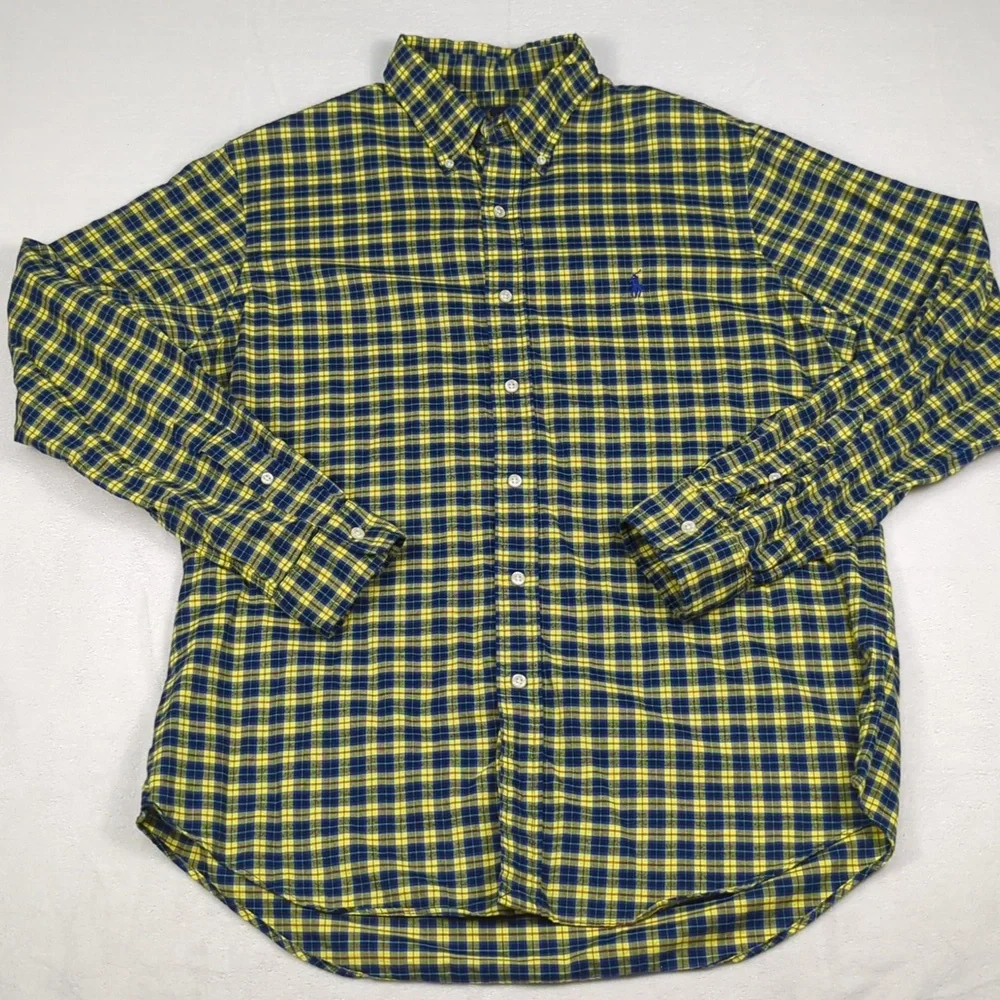Polo Ralph Lauren Yellow & Blue Plaid‎ Long Sleeve Button-down Mens Shirt Size L
